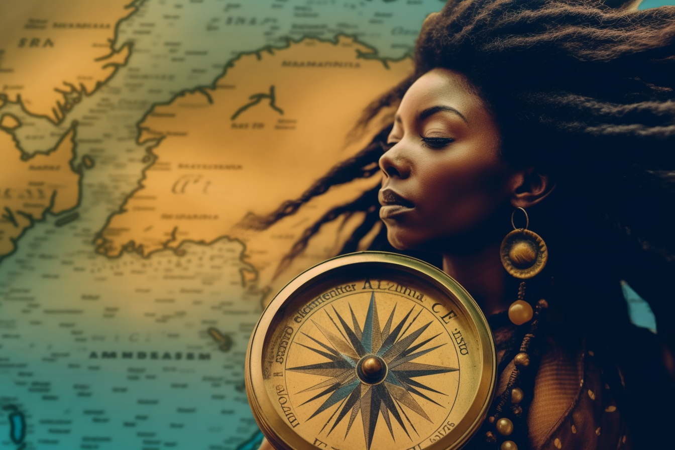 A beautiful Black woman with long locs, holding a compass pointing North in front a map of the world.