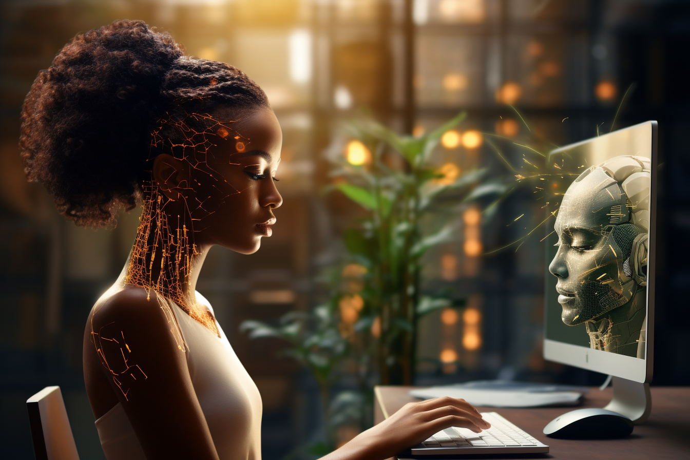 a beautiful black woman sitting at a desk, she is part human and part AI. She is designing on a computer. The image on the computer is a 3D rendition of a face. She is surrounded by green plants and lights shining in the large windows.